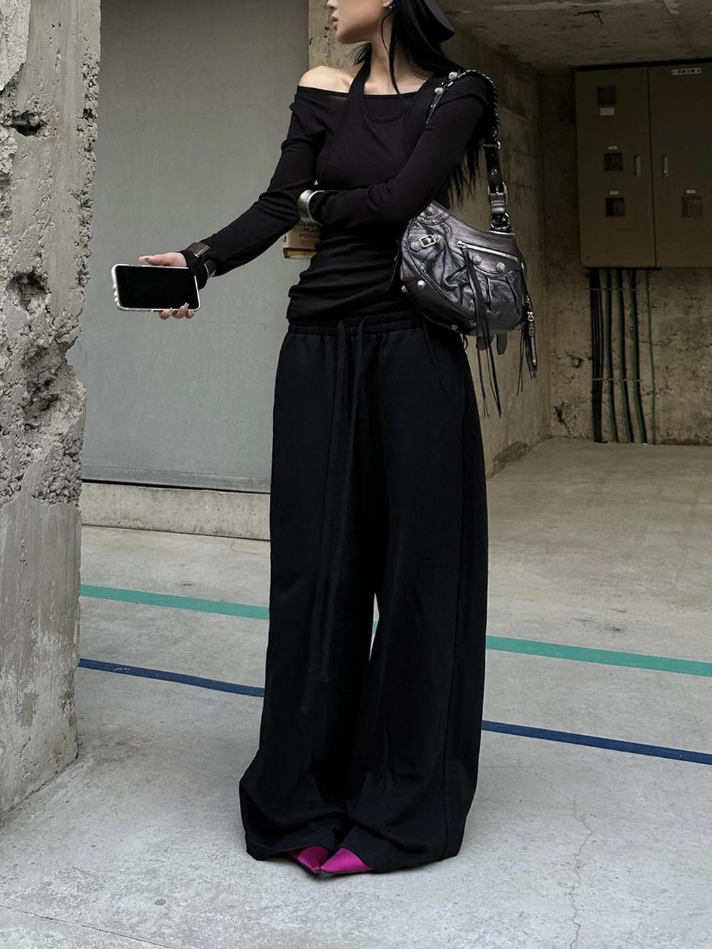 Fanptntox Black Relaxed Loose Wide Leg Low Rise Street Women's Other Fabric Sweatpants