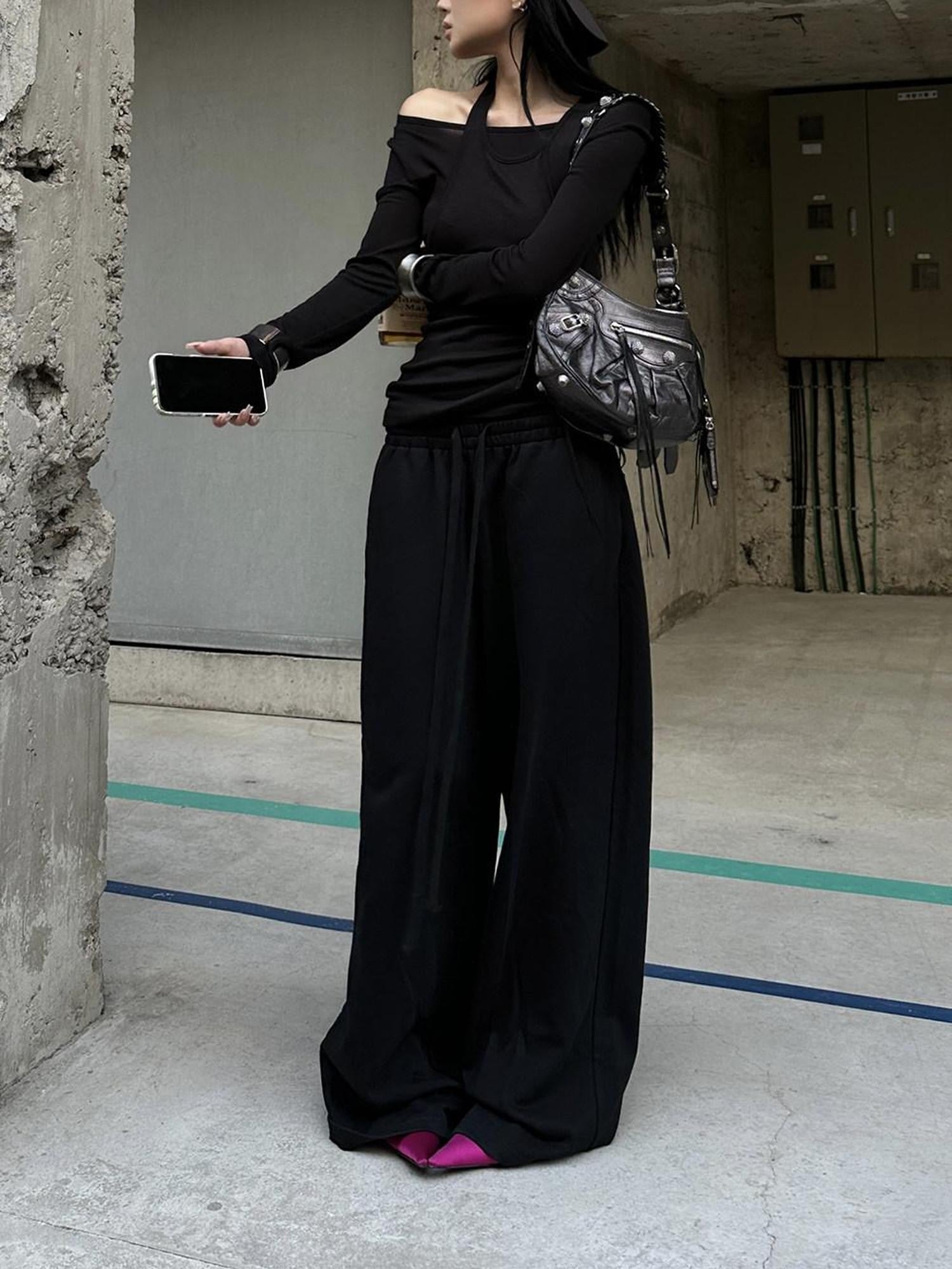 Fanptntox Black Relaxed Loose Wide Leg Low Rise Street Women's Other Fabric Sweatpants