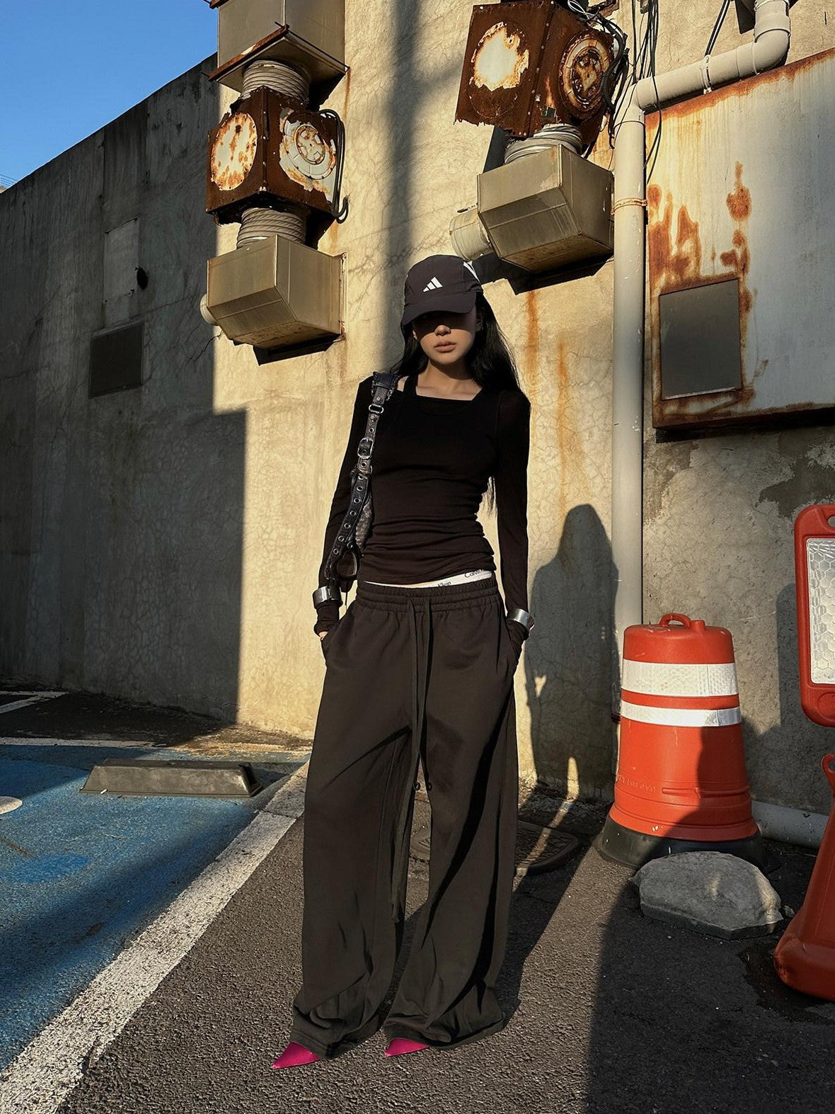 Fanptntox Black Relaxed Loose Wide Leg Low Rise Street Women's Other Fabric Sweatpants