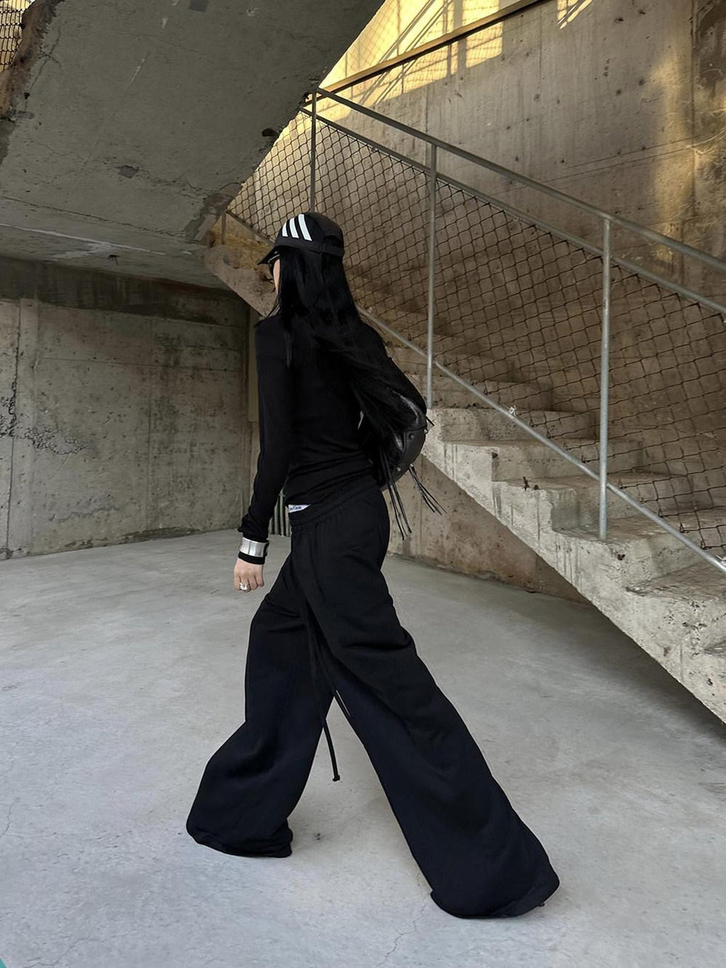 Fanptntox Black Relaxed Loose Wide Leg Low Rise Street Women's Other Fabric Sweatpants