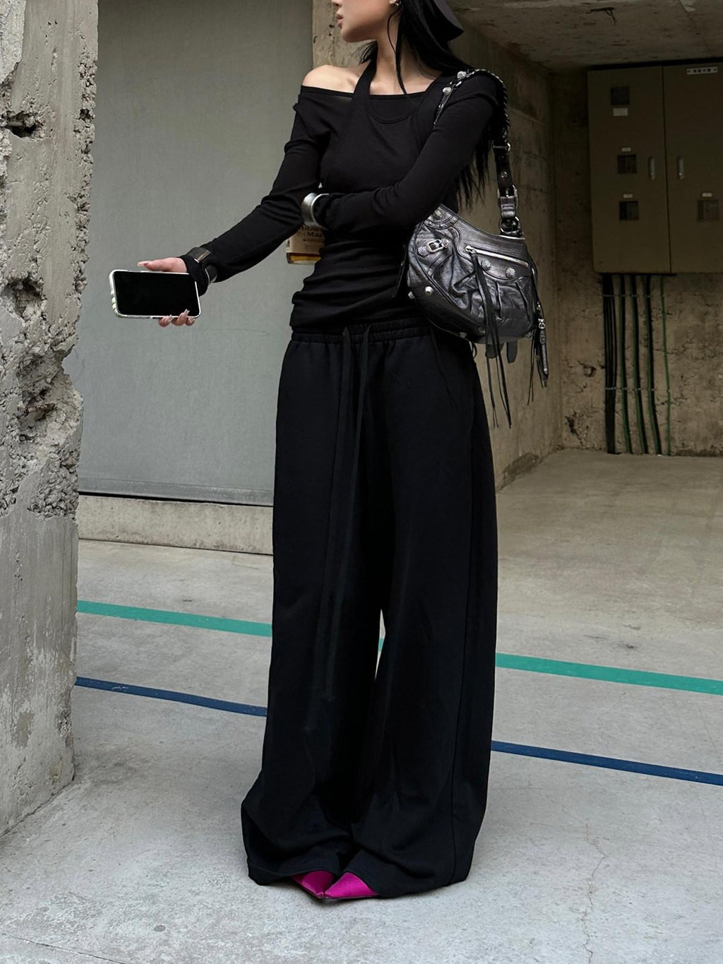 Fanptntox Black Relaxed Loose Wide Leg Low Rise Street Women's Other Fabric Sweatpants