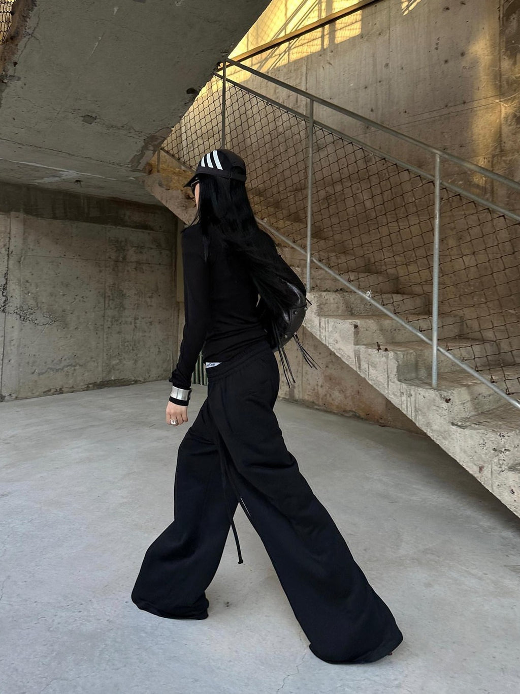 Fanptntox Black Relaxed Loose Wide Leg Low Rise Street Women's Other Fabric Sweatpants