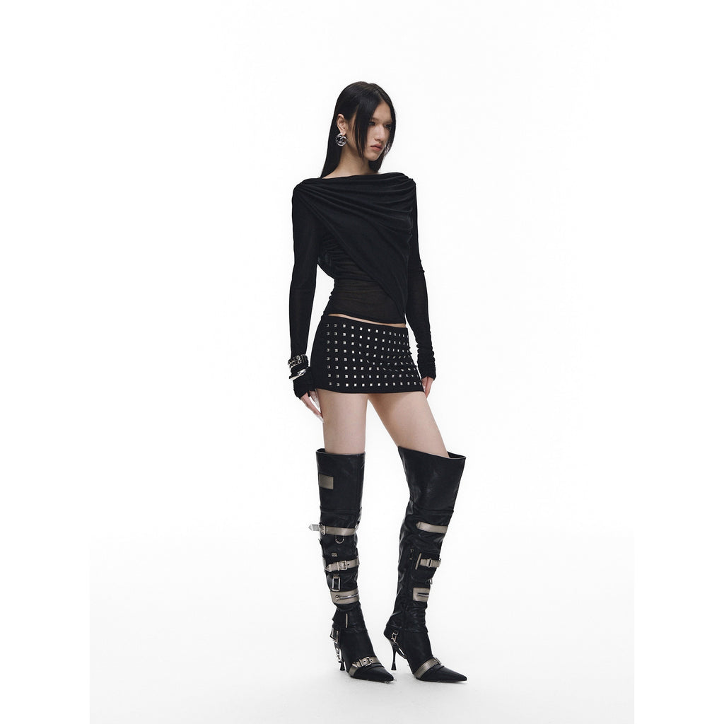 Fanptntox_Black_Rhinestone_Tie_V-neck_Slim_Women's_Tencel_Low_Waist_Matching_Skirt_Sets_963465463180_MISSTT