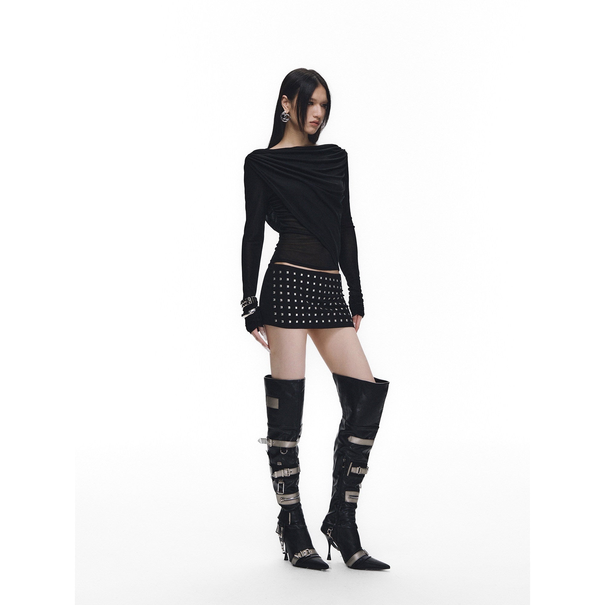 Fanptntox_Black_Rhinestone_Tie_V-neck_Slim_Women's_Tencel_Low_Waist_Matching_Skirt_Sets_963465463180_MISSTT