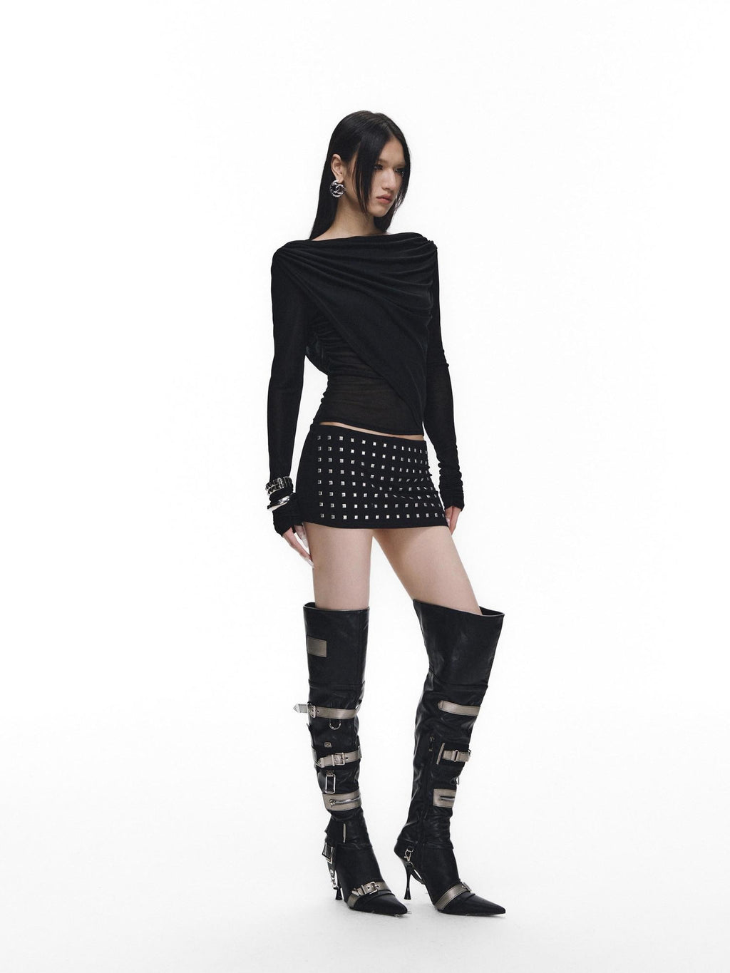 Fanptntox Black Rhinestone Tie V-neck Slim Women's Tencel Low Waist Matching Skirt Sets