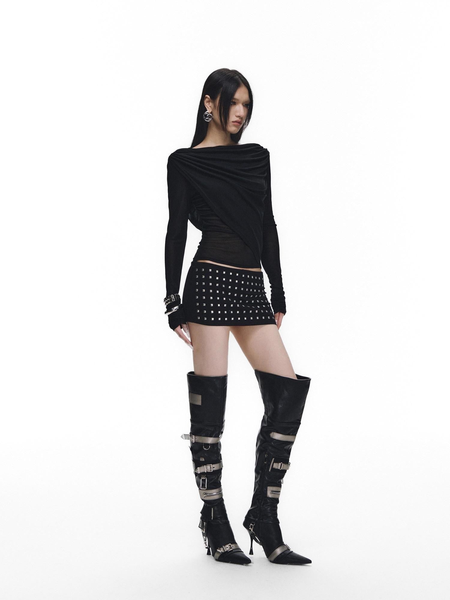 Fanptntox Black Rhinestone Tie V-neck Slim Women's Tencel Low Waist Matching Skirt Sets
