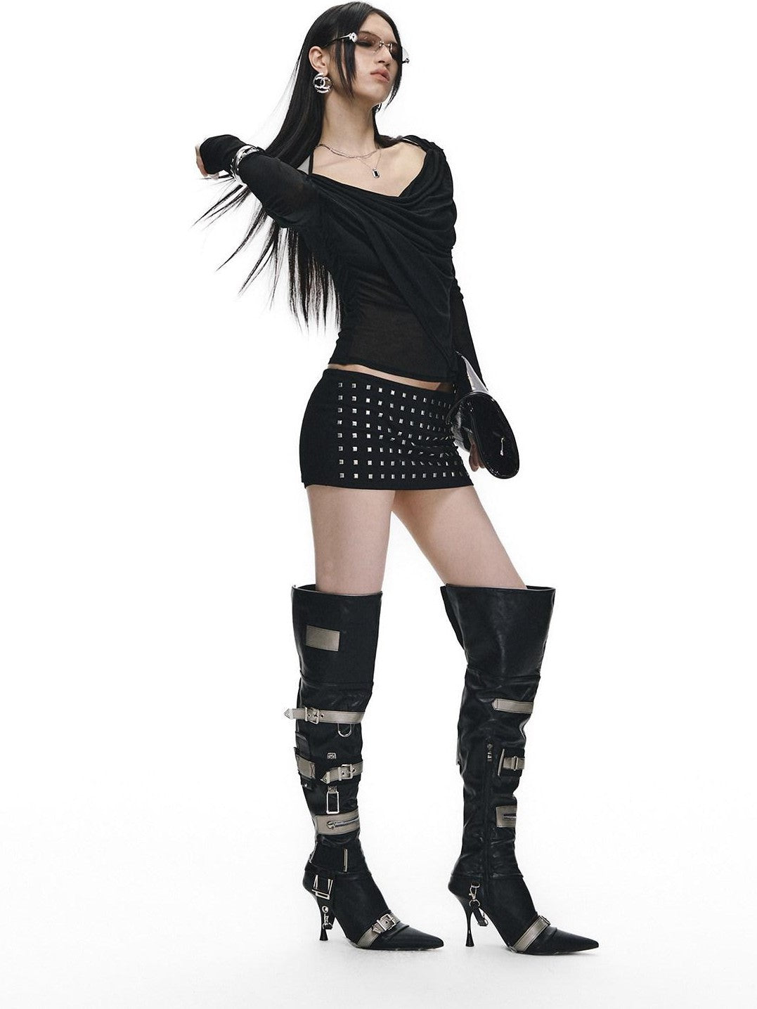 Fanptntox Black Rhinestone Tie V-neck Slim Women's Tencel Low Waist Matching Skirt Sets