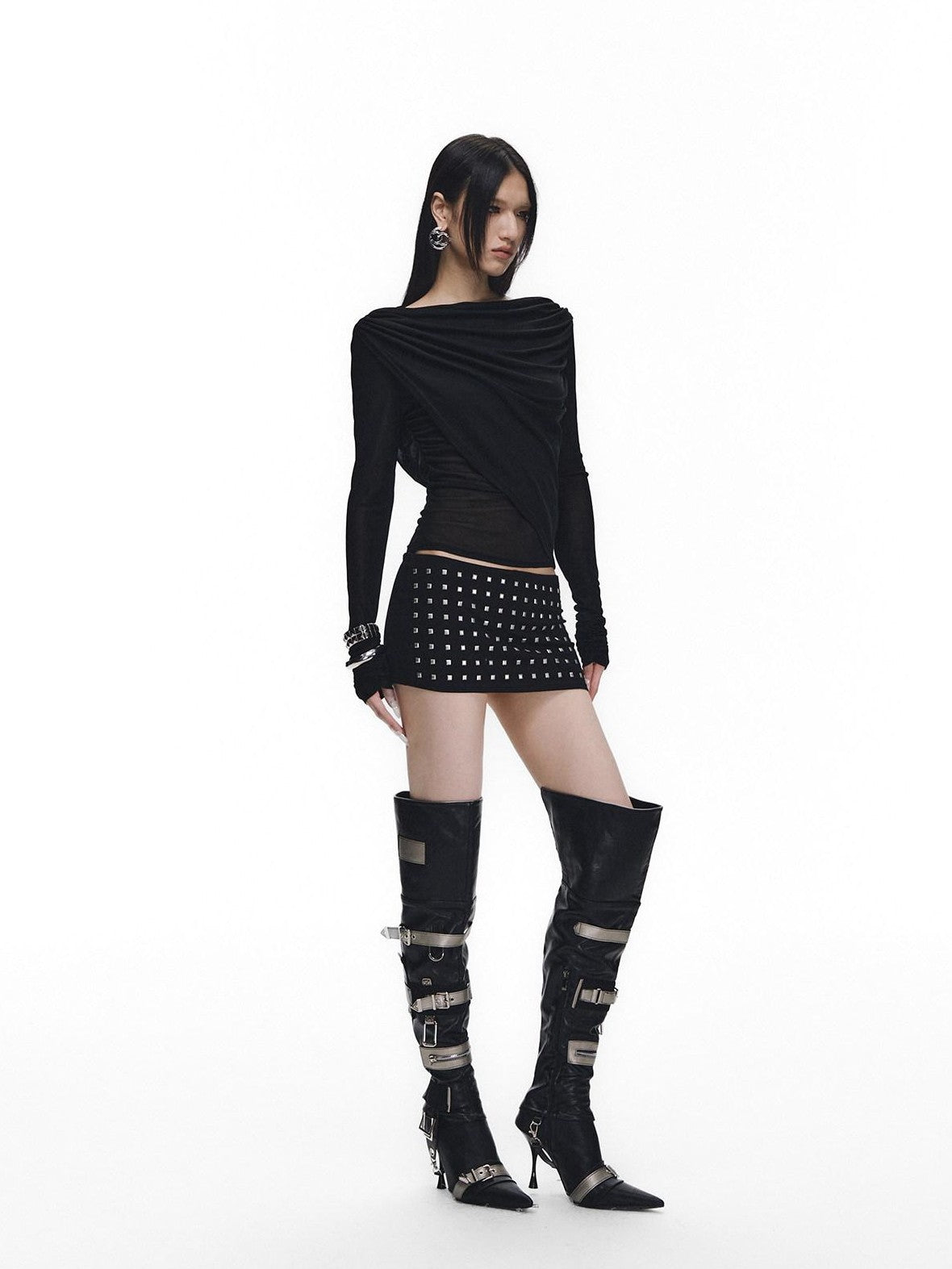 Fanptntox Black Rhinestone Tie V-neck Slim Women's Tencel Low Waist Matching Skirt Sets