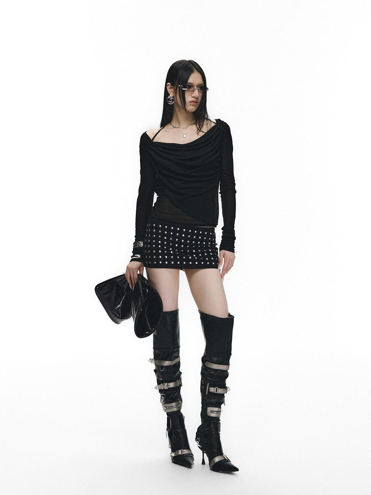Fanptntox Black Rhinestone Tie V-neck Slim Women's Tencel Low Waist Matching Skirt Sets