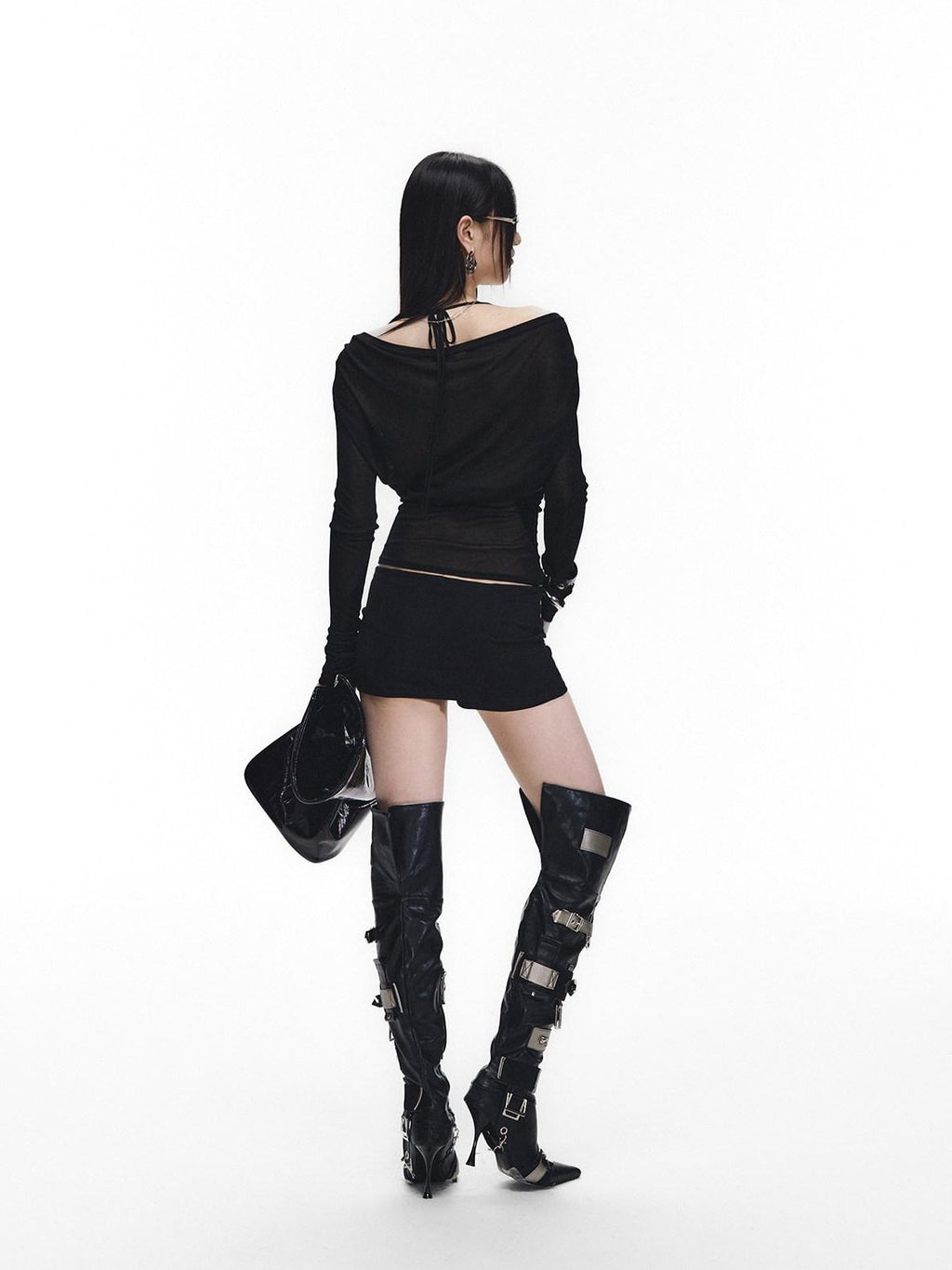 Fanptntox Black Rhinestone Tie V-neck Slim Women's Tencel Low Waist Matching Skirt Sets