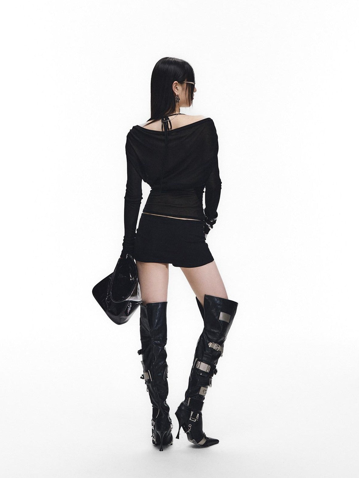 Fanptntox Black Rhinestone Tie V-neck Slim Women's Tencel Low Waist Matching Skirt Sets