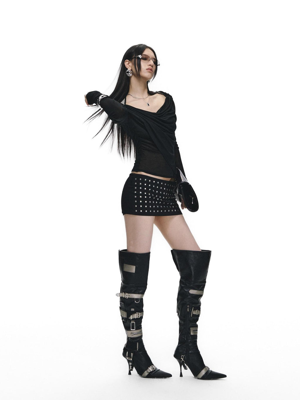 Fanptntox Black Rhinestone Tie V-neck Slim Women's Tencel Low Waist Matching Skirt Sets