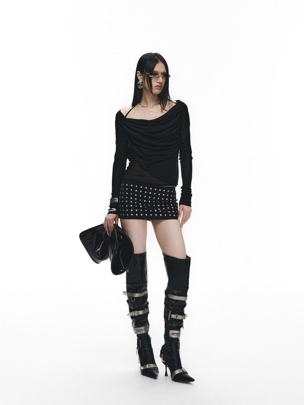 Fanptntox Black Rhinestone Tie V-neck Slim Women's Tencel Low Waist Matching Skirt Sets