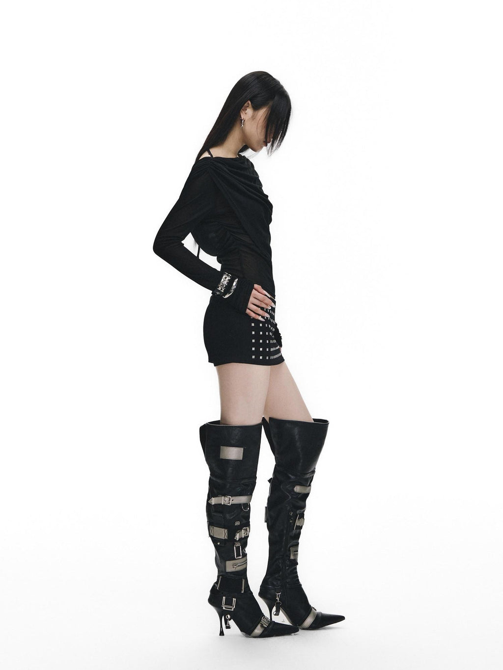 Fanptntox Black Rhinestone Tie V-neck Slim Women's Tencel Low Waist Matching Skirt Sets