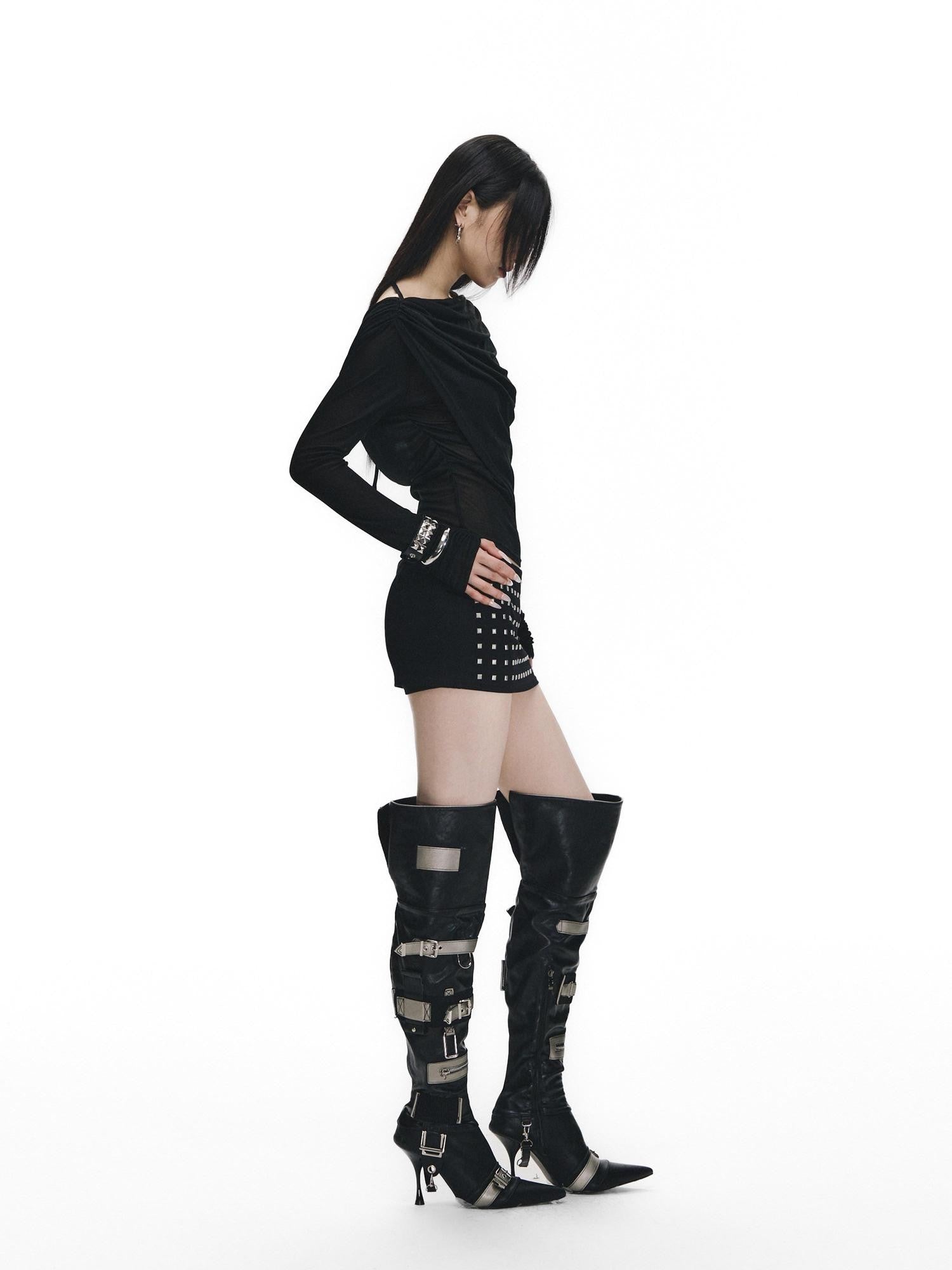 Fanptntox Black Rhinestone Tie V-neck Slim Women's Tencel Low Waist Matching Skirt Sets