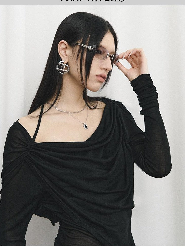 Fanptntox Black Rhinestone Tie V-neck Slim Women's Tencel Low Waist Matching Skirt Sets