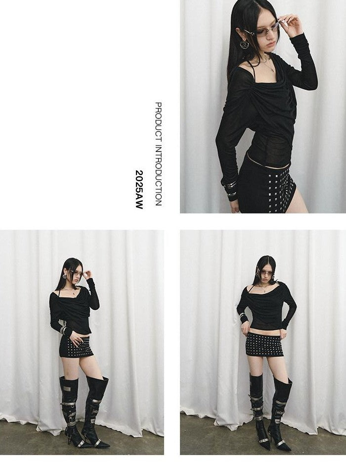 Fanptntox Black Rhinestone Tie V-neck Slim Women's Tencel Low Waist Matching Skirt Sets