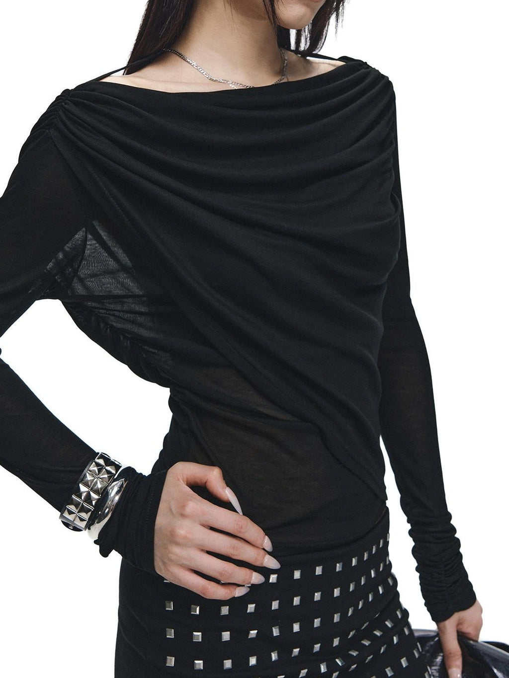 Fanptntox Black Rhinestone Tie V-neck Slim Women's Tencel Low Waist Matching Skirt Sets
