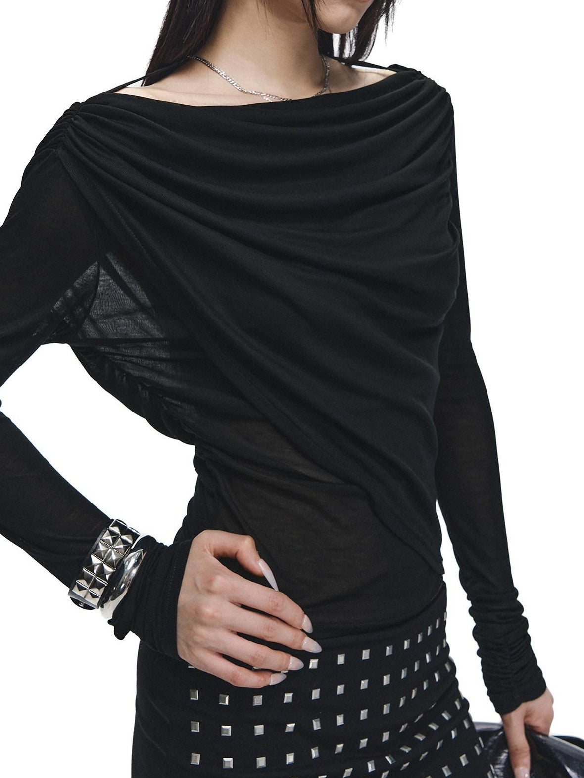 Fanptntox Black Rhinestone Tie V-neck Slim Women's Tencel Low Waist Matching Skirt Sets