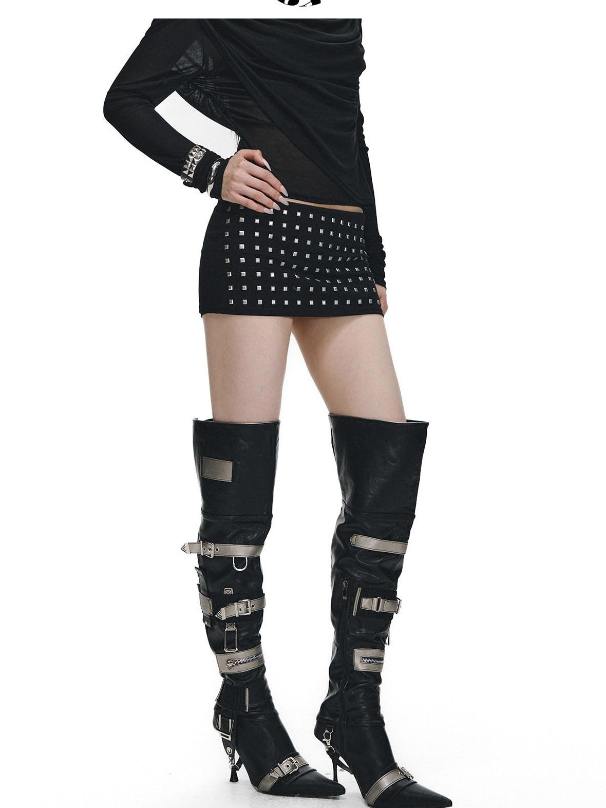 Fanptntox Black Rhinestone Tie V-neck Slim Women's Tencel Low Waist Matching Skirt Sets