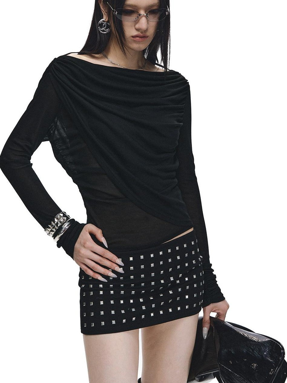 Fanptntox Black Rhinestone Tie V-neck Slim Women's Tencel Low Waist Matching Skirt Sets