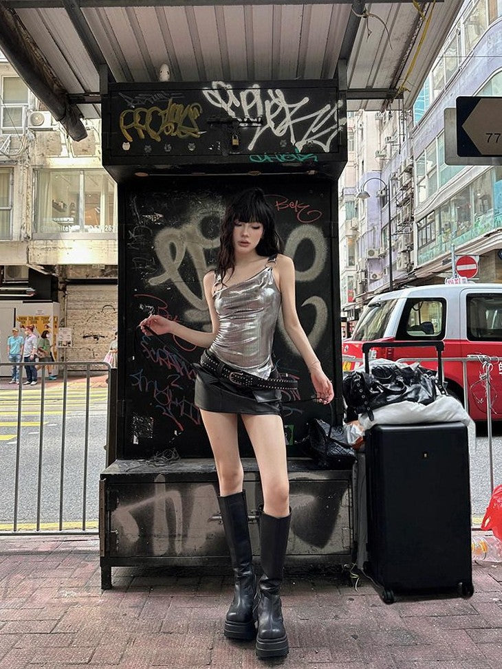 Fanptntox Black Ribbon Tie Short Sexy Street Women's Pu Leather Mini Skirts