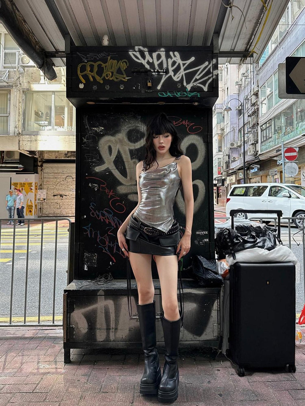 Fanptntox Black Ribbon Tie Short Sexy Street Women's Pu Leather Mini Skirts