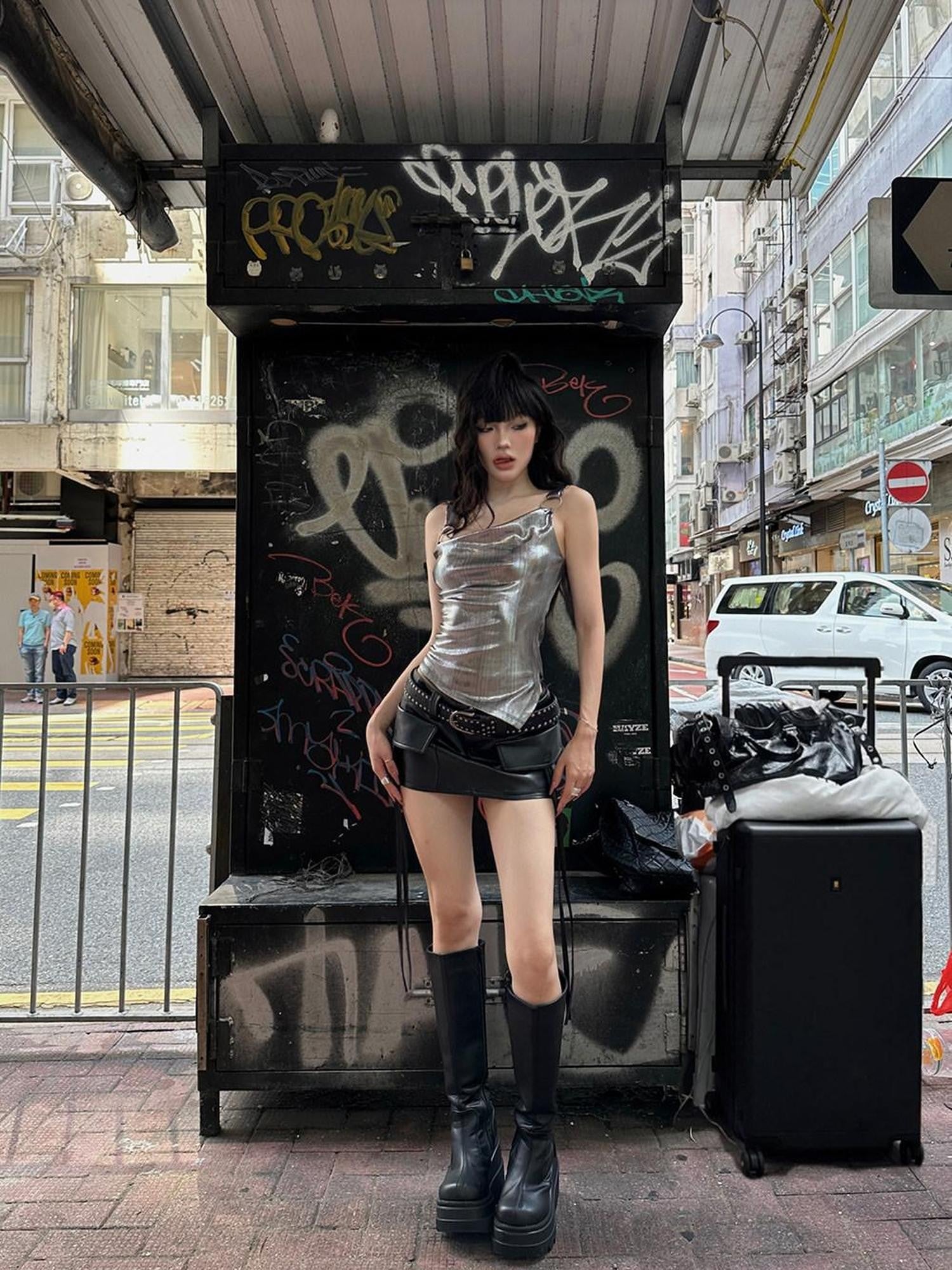 Fanptntox Black Ribbon Tie Short Sexy Street Women's Pu Leather Mini Skirts