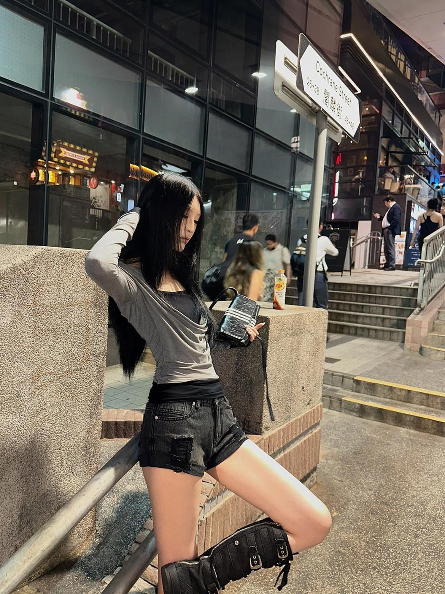 Fanptntox Black Ripped High Waist Loose Women's Slight Stretch Denim Shorts