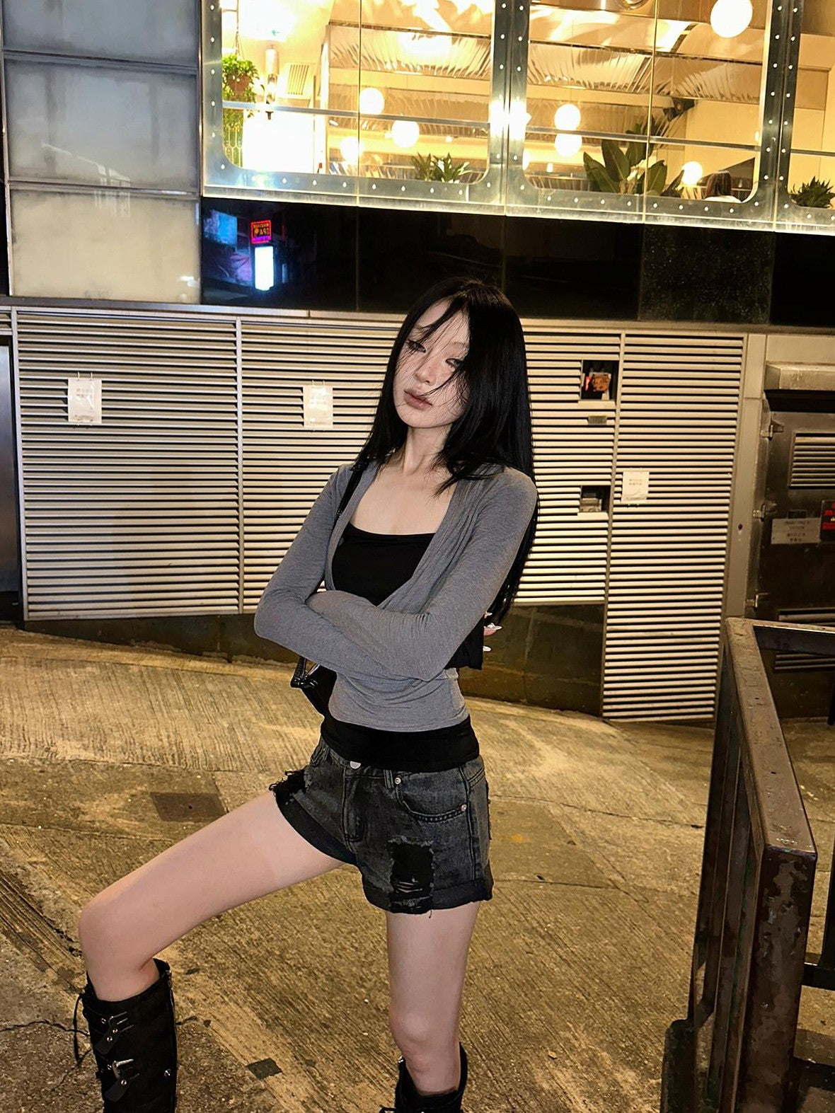 Fanptntox Black Ripped High Waist Loose Women's Slight Stretch Denim Shorts