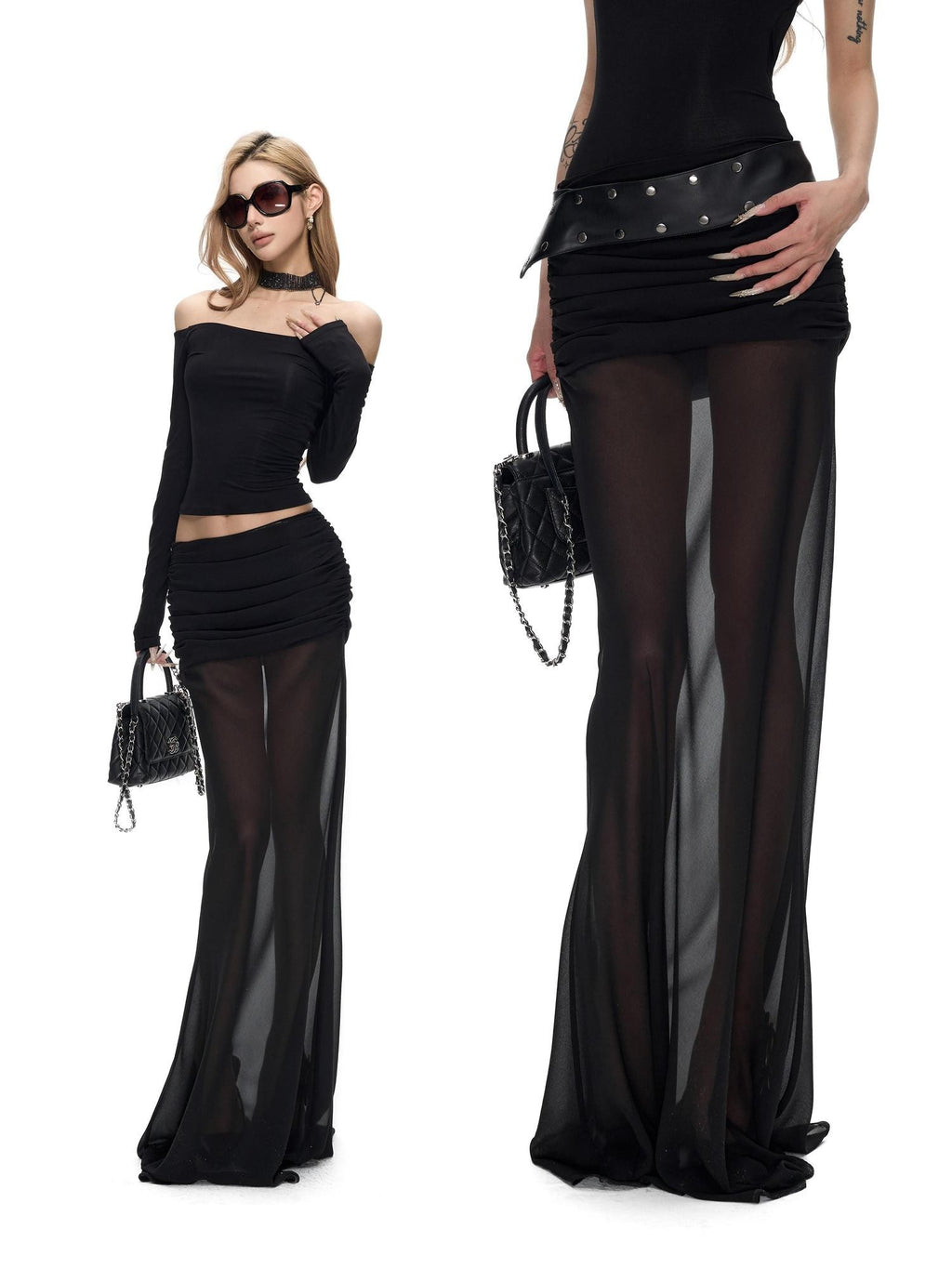 Fanptntox Black Ruched Fishtail Panel Slim Women's Woven Polyester Mesh Maxi Dresses