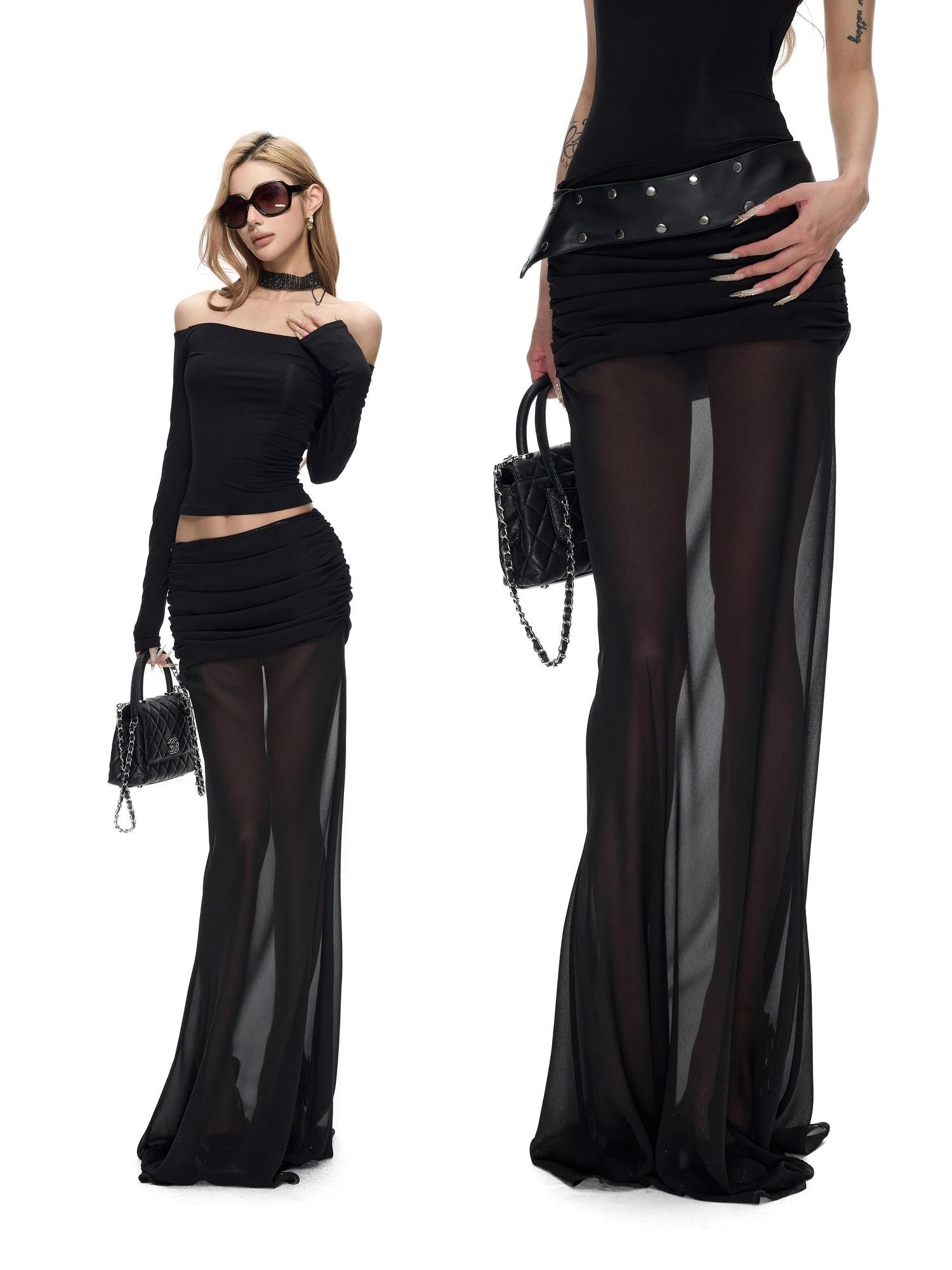 Fanptntox Black Ruched Fishtail Panel Slim Women's Woven Polyester Mesh Maxi Dresses