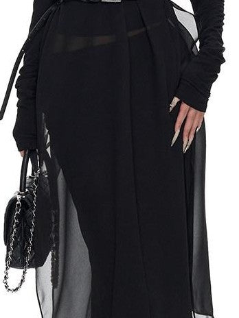 Fanptntox Black Ruched Fishtail Panel Slim Women's Woven Polyester Mesh Maxi Dresses