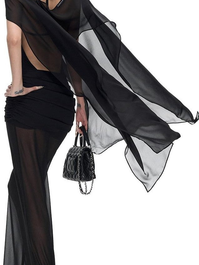 Fanptntox Black Ruched Fishtail Panel Slim Women's Woven Polyester Mesh Maxi Dresses