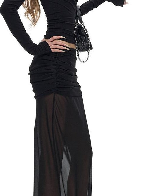 Fanptntox Black Ruched Fishtail Panel Slim Women's Woven Polyester Mesh Maxi Dresses