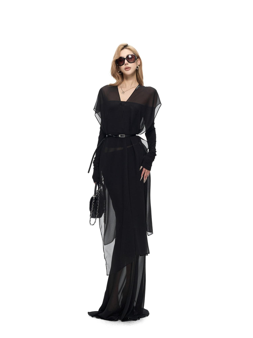 Fanptntox Black Ruched Fishtail Panel Slim Women's Woven Polyester Mesh Maxi Dresses