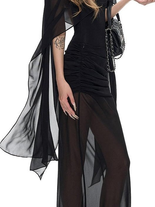 Fanptntox Black Ruched Fishtail Panel Slim Women's Woven Polyester Mesh Maxi Dresses