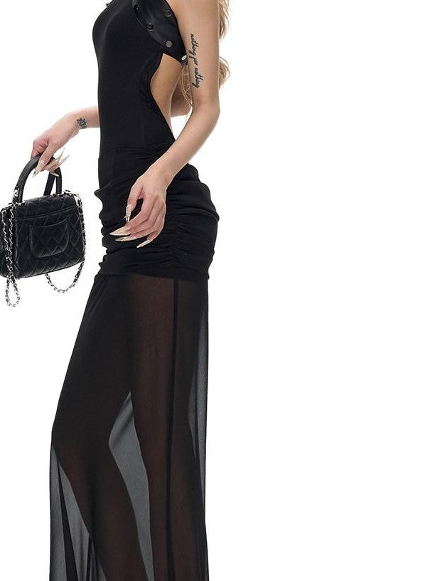 Fanptntox Black Ruched Fishtail Panel Slim Women's Woven Polyester Mesh Maxi Dresses