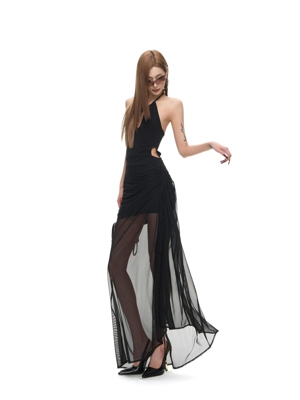 Fanptntox Black Ruched Mesh Cutout Backless Women's Lyocell Halter Maxi Dresses