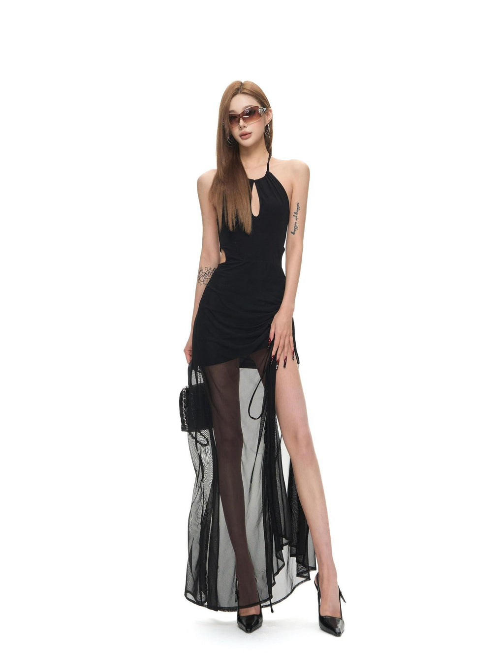 Fanptntox Black Ruched Mesh Cutout Backless Women's Lyocell Halter Maxi Dresses