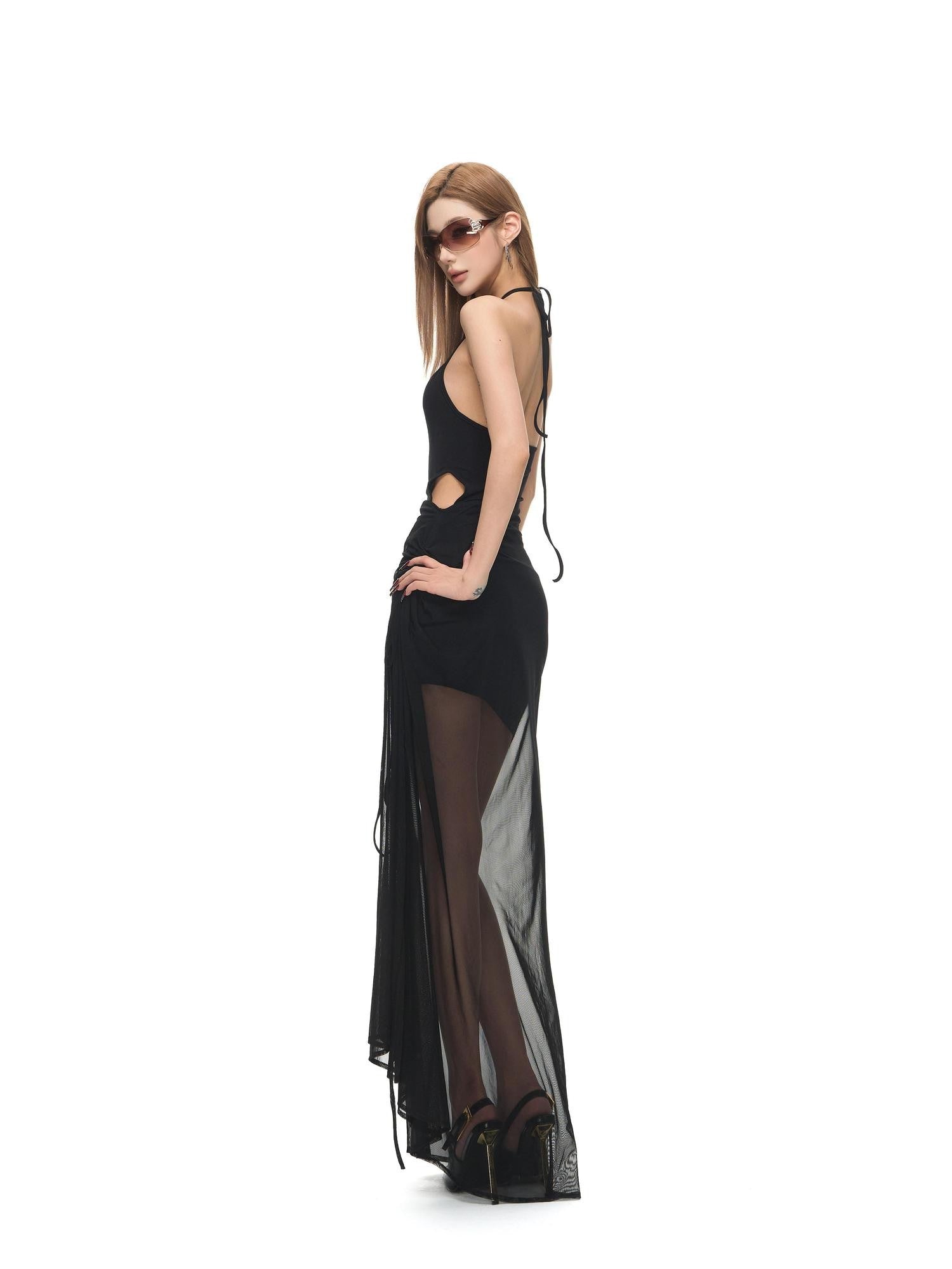 Fanptntox Black Ruched Mesh Cutout Backless Women's Lyocell Halter Maxi Dresses