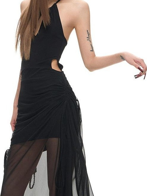 Fanptntox Black Ruched Mesh Cutout Backless Women's Lyocell Halter Maxi Dresses