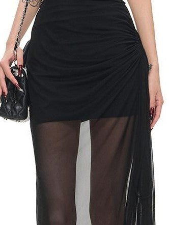 Fanptntox Black Ruched Mesh Cutout Backless Women's Lyocell Halter Maxi Dresses