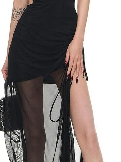 Fanptntox Black Ruched Mesh Cutout Backless Women's Lyocell Halter Maxi Dresses