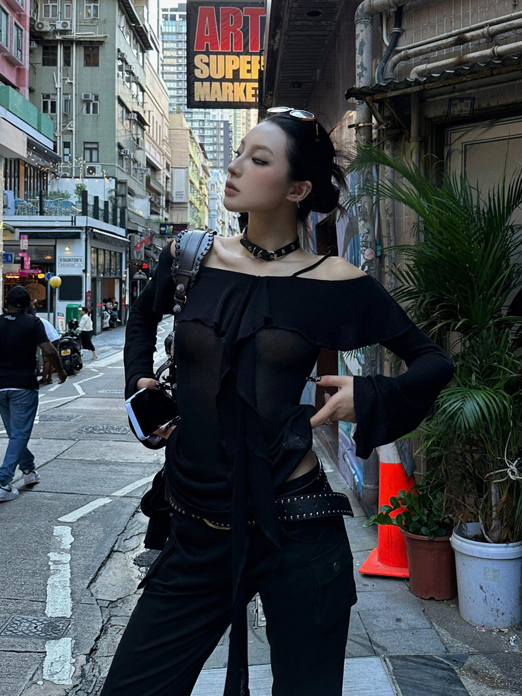 Fanptntox Black Ruffle Asymmetrical Strap Slim Fit Women's Long Sleeve T-shirts
