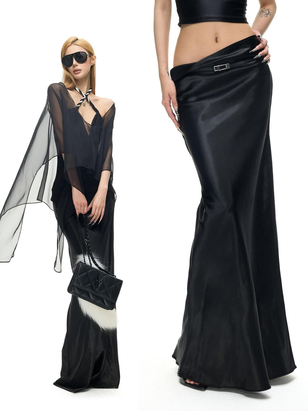 Fanptntox Black Satin Reversible Straight Slim Low Waist Women's Silk Maxi Skirts