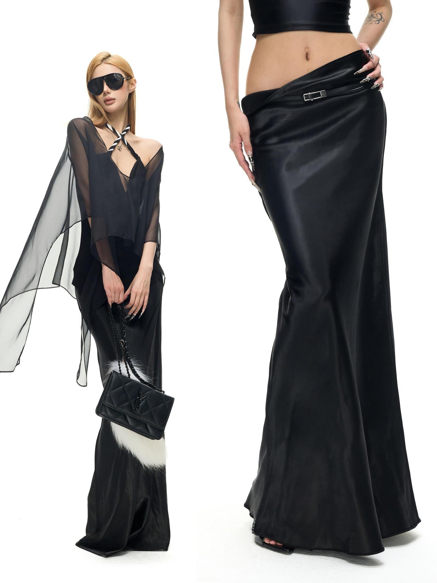 Fanptntox Black Satin Reversible Straight Slim Low Waist Women's Silk Maxi Skirts