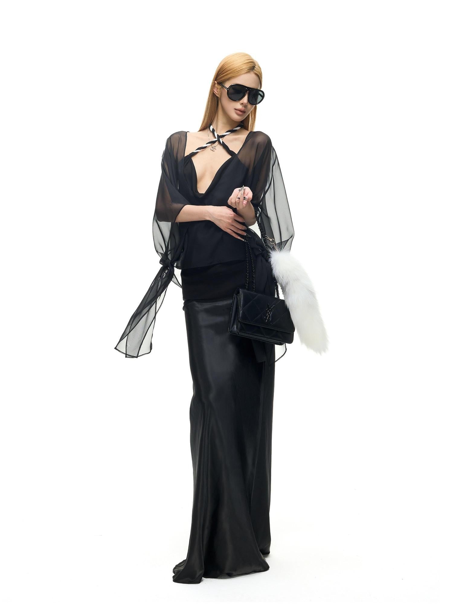 Fanptntox Black Satin Reversible Straight Slim Low Waist Women's Silk Maxi Skirts
