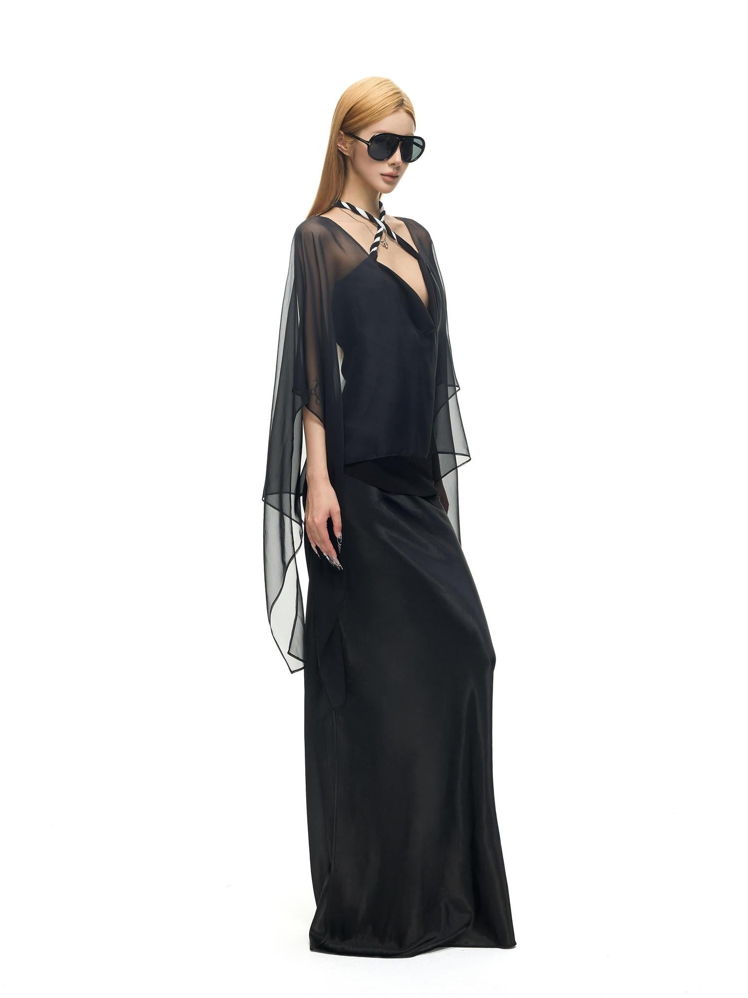 Fanptntox Black Satin Reversible Straight Slim Low Waist Women's Silk Maxi Skirts