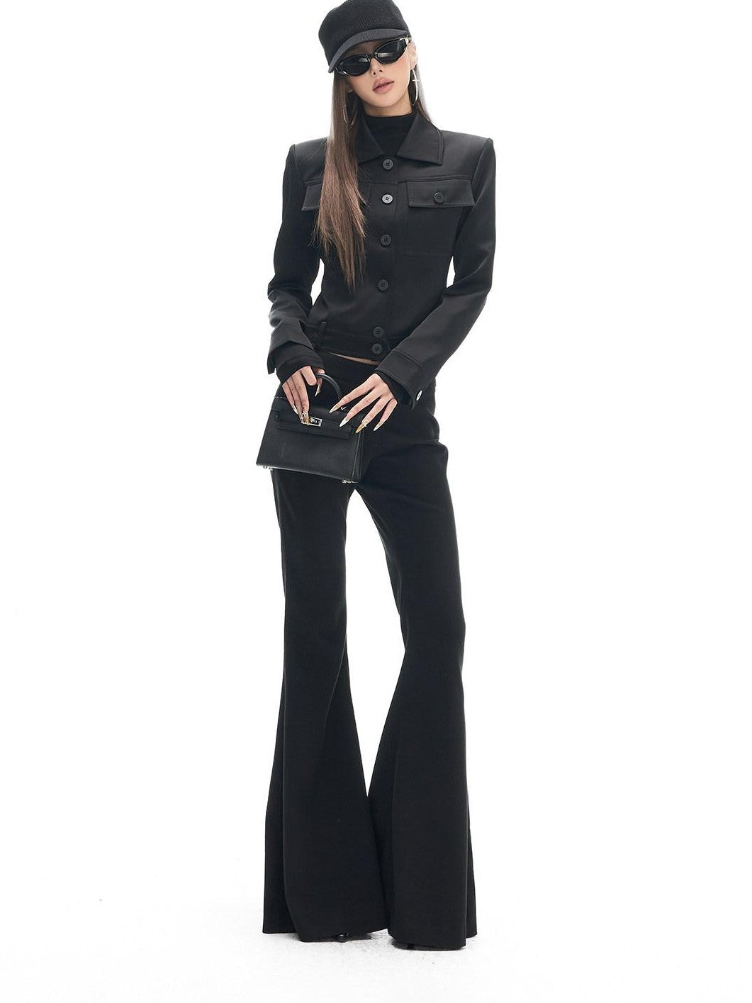 Fanptntox Black Satin Slim Fit Lapel Workwear Women's Polyester Cropped Jackets